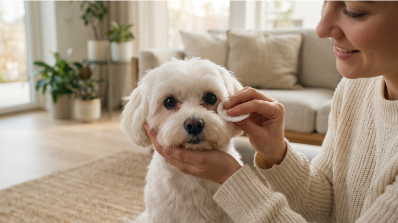 mujer le limpia lagañas de los ojos al perro con limpiador ocular neo dogs